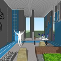 Modern Gym with Gray Walls Black Athletic Mural Blue Track Wooden Platforms and Green Plants