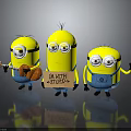 Three Minions Holding Guitar Carrying IM WITH STUPID Sign Waving In Blue Overalls With Goggles