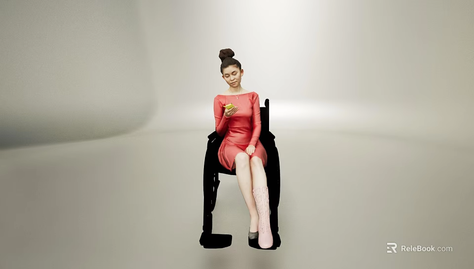 A Woman In Red Dress Sitting In Wheelchair With Bun Hairstyle Holding Apple 3d model 