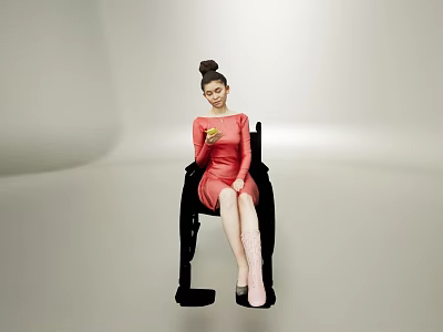 A Woman In Red Dress Sitting In Wheelchair With Bun Hairstyle Holding Apple 3d model