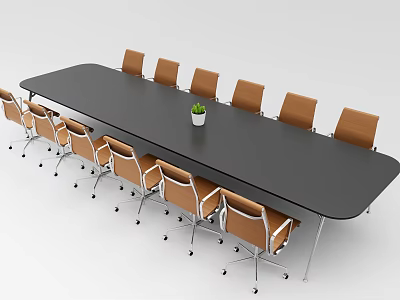 Black Long Rectangular Conference Table With Brown Wheeled Chairs And Small Potted Plant 3d model