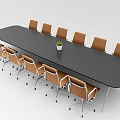 Black Long Rectangular Conference Table With Brown Wheeled Chairs And Small Potted Plant 3d model