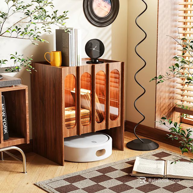 Wooden Entryway Cabinet Sideboard With Glass Doors Storage Robot Vacuum And Green Plants In Interior 3d model 