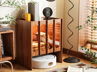 Wooden Entryway Cabinet Sideboard With Glass Doors Storage Robot Vacuum And Green Plants In Interior 3d model