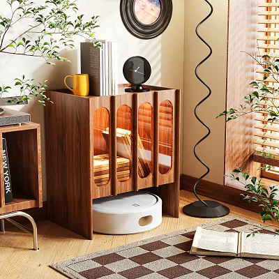 Wooden Entryway Cabinet Sideboard With Glass Doors Storage Robot Vacuum And Green Plants In Interior 3d model