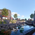 Scenic Commercial Street With River Bridge Traditional Buildings And Green Trees
