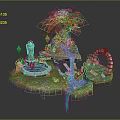 Whimsical Garden Ornament Design With Red Maple Tree Stone Fountain Blue Stream And Arched Bridge