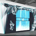 Modern Cultural Art Exhibition Hall With Geometric Lines Blue Lighting Large Screens And Waterfall Effects