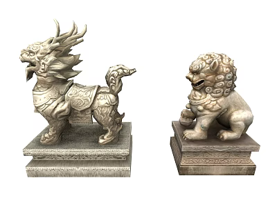 Traditional Chinese Stone Sculptures of Mythical Beast and Lion with Intricate Carvings and Decorative Base 3d model