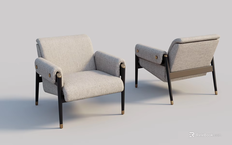Elegant Modern Dining Chairs With Light Gray Fabric Armrests And Black Metal Legs 3d model 