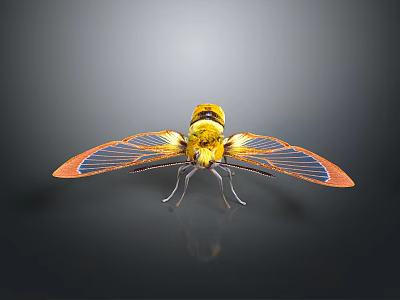 Yellow Insect With Orange And Blue Textured Wings On Grey Gradient Background With Reflection 3d model