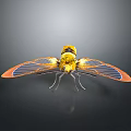 Yellow Insect With Orange And Blue Textured Wings On Grey Gradient Background With Reflection 3d model