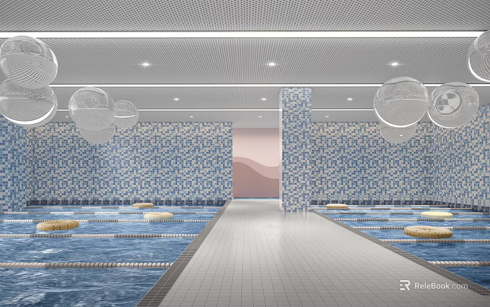 Indoor Swimming Pool Interior With Blue White Tiled Walls And Ceiling Spherical Decorations 3d model 