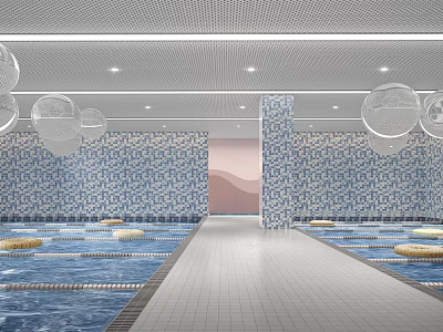 Indoor Swimming Pool Interior With Blue White Tiled Walls And Ceiling Spherical Decorations 3d model