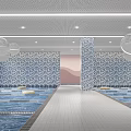 Indoor Swimming Pool Interior With Blue White Tiled Walls And Ceiling Spherical Decorations