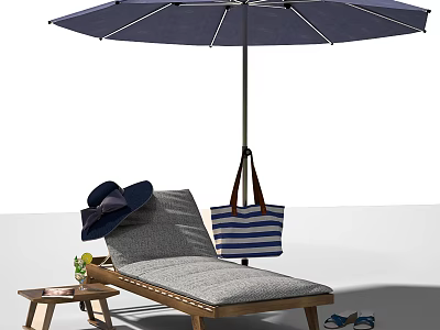 Outdoor Lounge Chair With Umbrella Hat Striped Tote Bag Side Table And Sandals 3d model