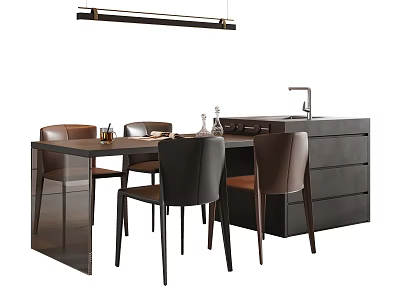 Modern Dining Table Set With Chairs Pendant Light And Cabinet 3d model
