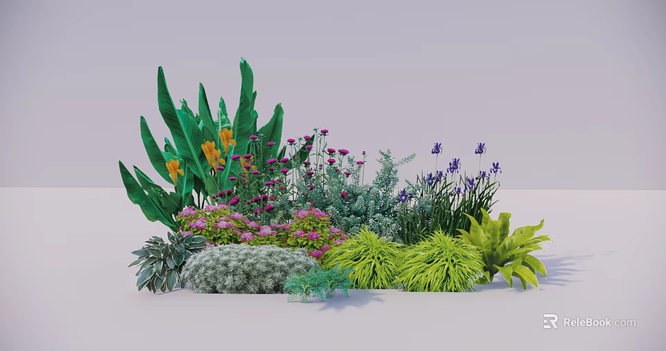 Colorful Garden Flowers with Large Green Leaves Purple Pink Yellow Blooms and Greenery Plants 3d model 