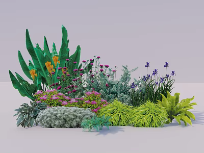 Colorful Garden Flowers with Large Green Leaves Purple Pink Yellow Blooms and Greenery Plants 3d model