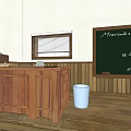 School Classroom Interior With Wooden Desks Chairs Maps Posters And Ceiling Lights
