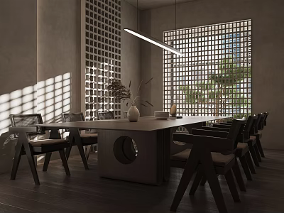 Modern Restaurant Interior Design Featuring Long Dining Table Dark Chairs Sunlight Through Lattice Windows 3d model
