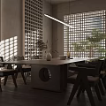 Modern Restaurant Interior Design Featuring Long Dining Table Dark Chairs Sunlight Through Lattice Windows