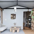 Public Office Space With Wooden Wall Hanging Lights Long Table Green Plants And Decorative Rug