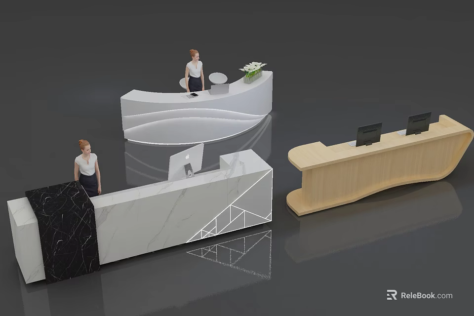 Modern Stylish Reception Desks With Curved Wooden And Marble Geometric Design 3d model 