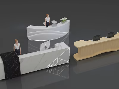 Modern Stylish Reception Desks With Curved Wooden And Marble Geometric Design 3d model