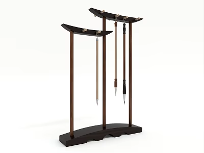 Three Elegant Calligraphy Brushes Hanging On Traditional Wooden Stands 3d model