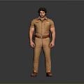 Man Standing in Brown Uniform with Short Sleeved Shirt Leather Belt and Pants