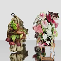 Hanging Plants On Wooden Log With Colorful Foliage And Pink White Leaves On Stand