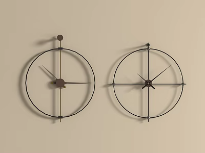 Two Circular Metal Frame Wall Mounted Clocks With Minimalist Dials On Light Colored Wall 3d model