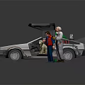 Back to the Future Movie Characters With DeLorean Time Machine And Einstein Dog Standing Beside