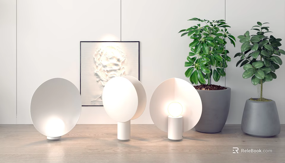Modern Table Lamp Interior Design With Circular Shade White Base And Green Plant 3d model 