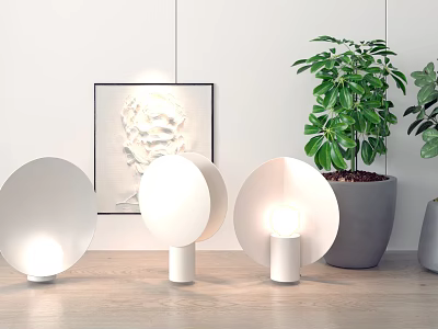 Modern Table Lamp Interior Design With Circular Shade White Base And Green Plant 3d model