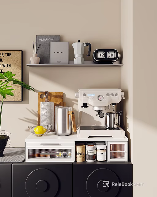 Organized Kitchen Shelf With Coffee Machine Mug Lemon And Storage Jars 3d model