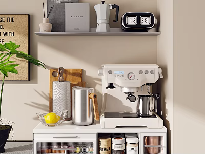Organized Kitchen Shelf With Coffee Machine Mug Lemon And Storage Jars 3d model