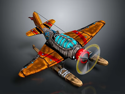 Cosmic Themed Vintage Biplane Model With Brown Red Wings Blue Cockpit And Yellow Transparent Propeller 3d model