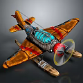 Cosmic Themed Vintage Biplane Model With Brown Red Wings Blue Cockpit And Yellow Transparent Propeller