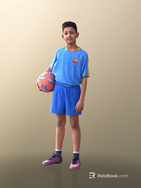 Young Man in Blue Sports Outfit Holding Colorful Ball Standing Against Beige Background 3d model 