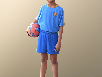 Young Man in Blue Sports Outfit Holding Colorful Ball Standing Against Beige Background 3d model