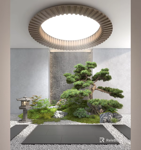 Japanese Style Interior Landscape With Pine Tree Stone Lantern And Zen Garden Elements 3d model