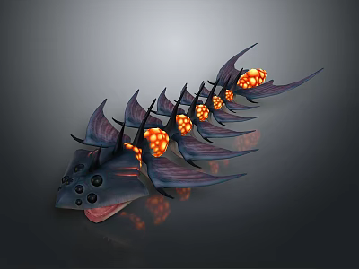 Mythical Fantasy Animal With Multiple Spiked Fins Glowing Orange Orbs Black Eyes And Open Mouth 3d model