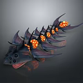 Mythical Fantasy Animal With Multiple Spiked Fins Glowing Orange Orbs Black Eyes And Open Mouth