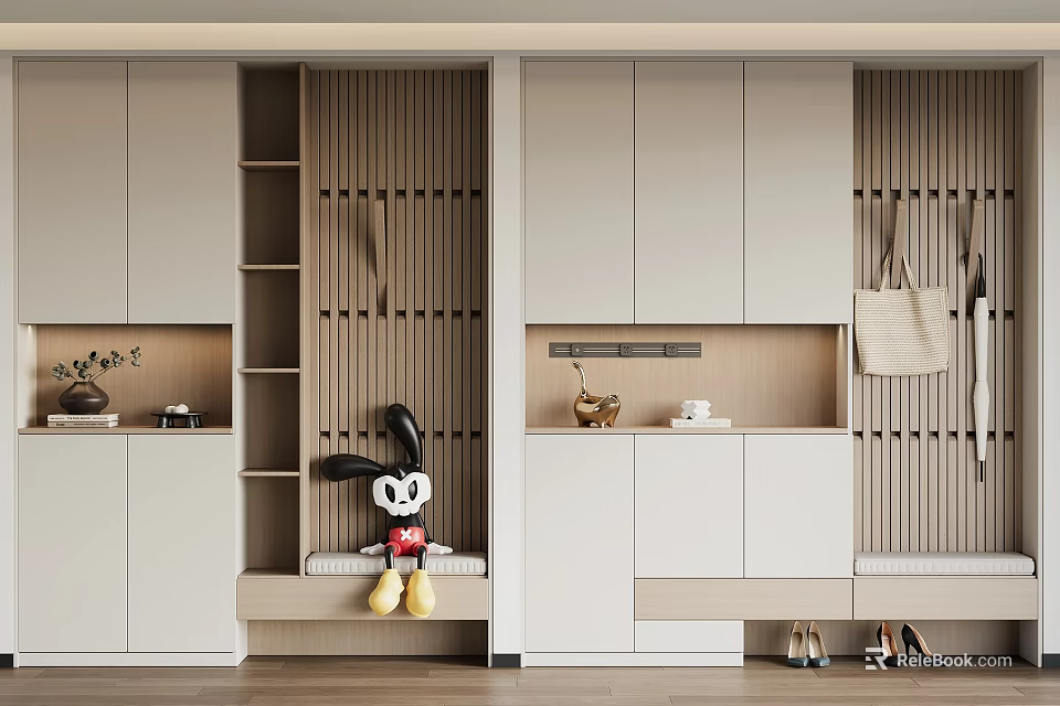 Modern Shoe Cabinet With White Cabinets Wooden Stripes Clothing Rack And Bench 3d model 