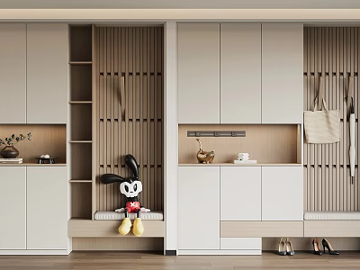 Modern Shoe Cabinet With White Cabinets Wooden Stripes Clothing Rack And Bench 3d model