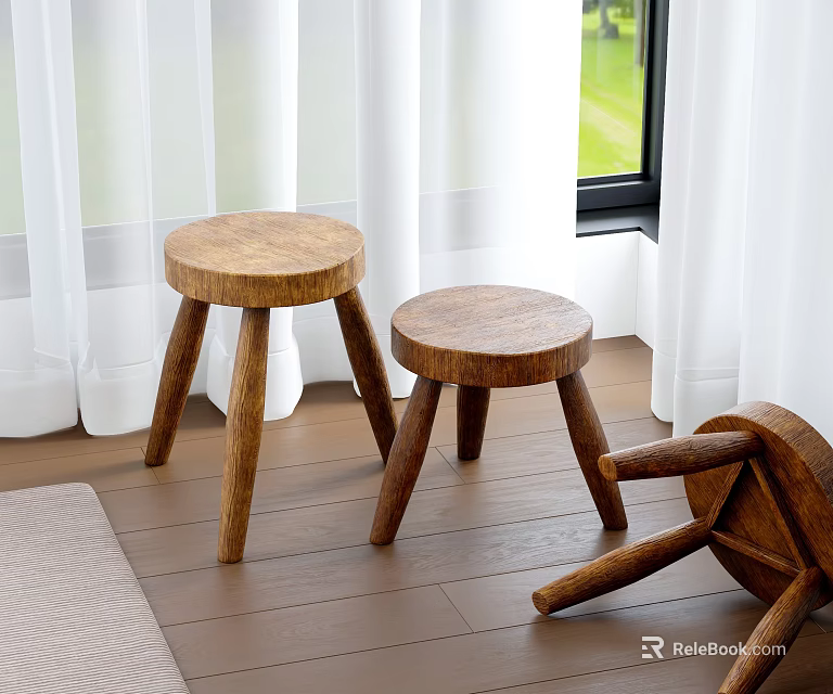 Wooden Side Tables With Two Standing And One Lying On Wooden Floor Near White Curtains 3d model 