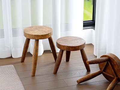 Wooden Side Tables With Two Standing And One Lying On Wooden Floor Near White Curtains 3d model