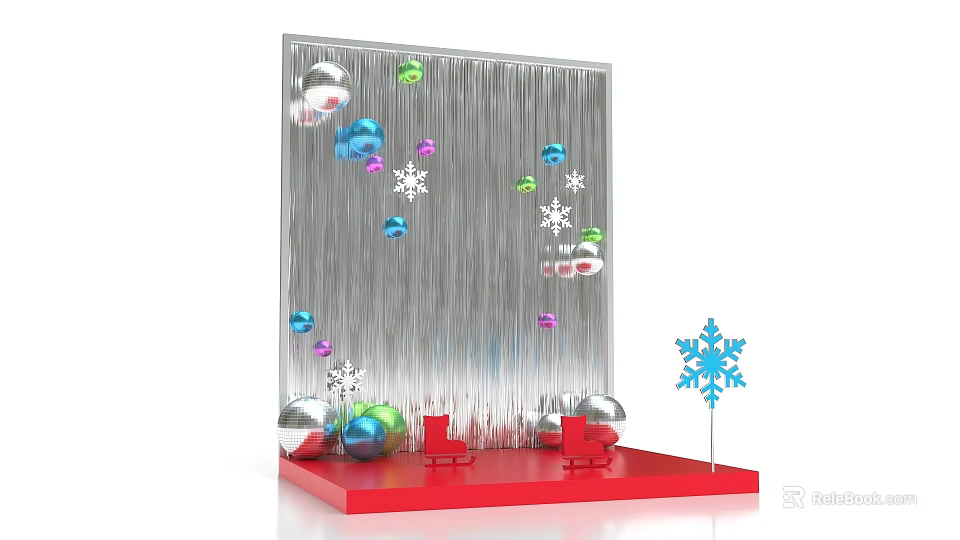 Festive Holiday Decoration Display With Silver Backdrop Colorful Ornaments Snowflakes And Red Base 3d model 